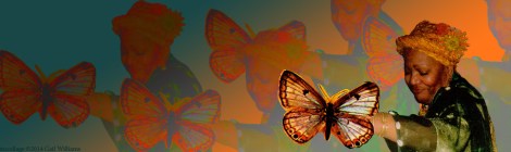 photo collage of Iya Oshun Oshogbo and butterflies