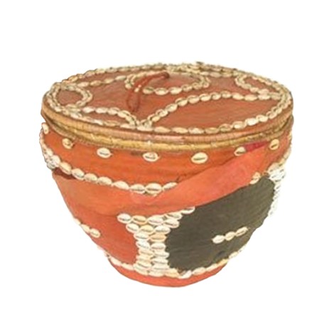 Yoruba basket covered with red and black cloth and cowrie shells