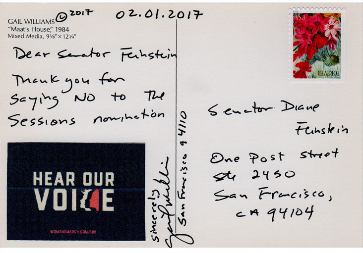 Ma'at Mail 1, Dear Senator Feinstein, back of B&W Ma'at postcard © 1984-2017