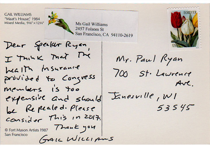 Ma'at Mail 2, Dear Speaker Ryan, Back of B&W Ma'at postcard, 4x6 inches, © 2017