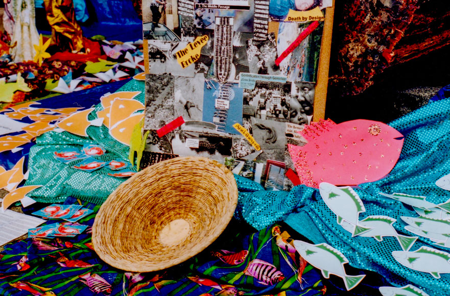 Center of altar showing basket and collage