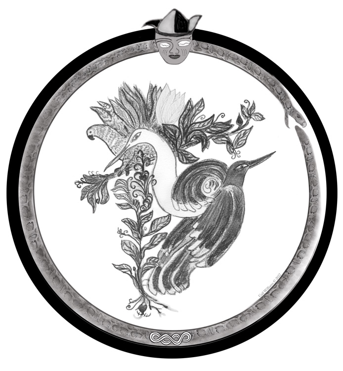 digitized version of stabilo drawing, and graphic images showing Esu, a divining tray with a python, and 3 sacred birds: Odidere-parrot, Lekeleke, and Agbe.