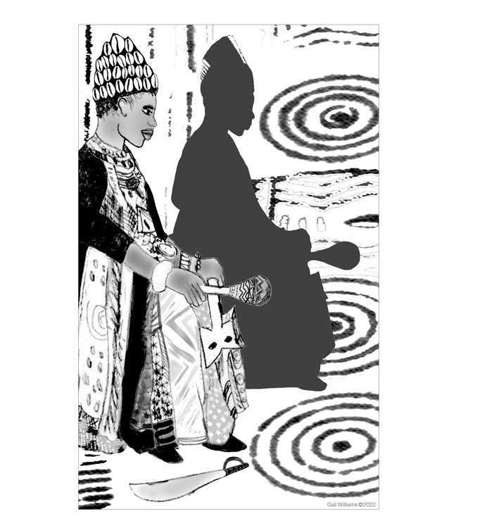 Black and white image of Sango Oba Koso seated, holding a rattle and ose, with black silhouette of form behind him.